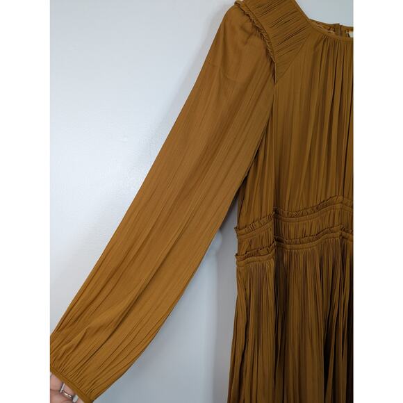 Maeve Anthropologie Saniya Pleated Long Sleeve Mini Dress in Gold - Picture 3 of 11